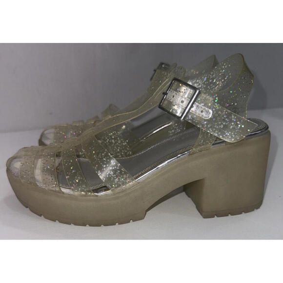 Asos Chunky Y2K 90s Clear Silver Glitter Platform Jelly Heel Clogs Sandals 7 - Picture 6 of 14